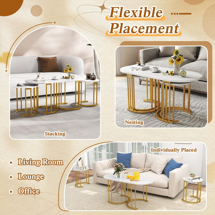Giantex Nesting Coffee Table Set of 3, Stacking Side Tables with Faux Marble Tabletop &amp; Gold Metal Frame