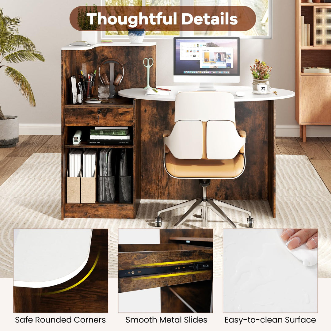 Giantex Reception Desk, Front Counter Desk with Lockable Drawer, Oval Tabletop &amp; Adjustable Shelf