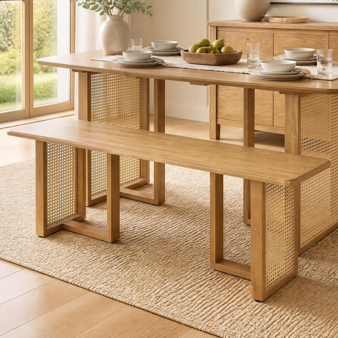 GIANTEX Rattan Dining Table Set for 4 | Rubber Wood Kitchen Table &amp; 2 Bench