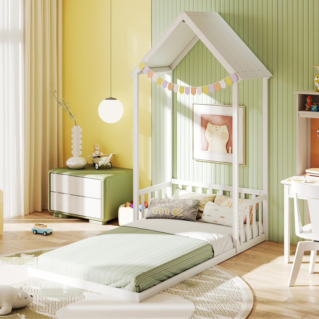Giantex Twin Size House Bed Montessori Floor Bed with House Shape Roof &amp; Semi-Fence