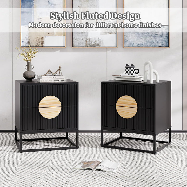 Giantex Fluted Nightstand with 2 Drawers with Natural Circle Handle &amp; Metal Frame