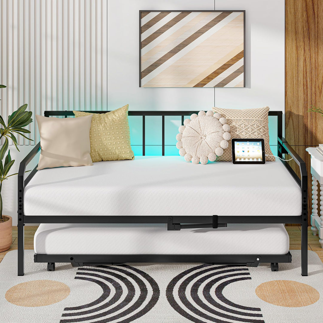 Giantex Twin Daybed with Trundle, Twin Bed Frame with Charging Station &amp; LED Lights, Metal Trundle Bed Twin w/Steel Slats Support