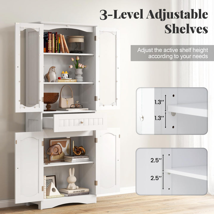 Giantex 63" Tall Bathroom Cabinet, Pantry Cabinet with Tempered Glass Doors, Adjustable Shelves &amp; Large Drawer