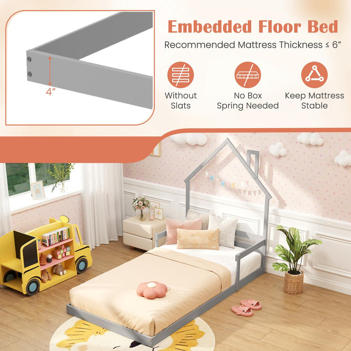 Giantex Twin Floor Bed for Kids, Wood Montessori Floor Bed with Chimney Headboard &amp; Handrail