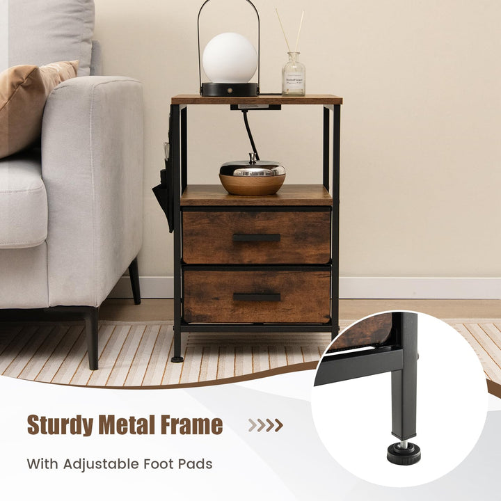 Giantex Nightstand with Charging Station, Industrial Bedside Table with 2 Fabric Drawers &amp; 6 Storage Pockets