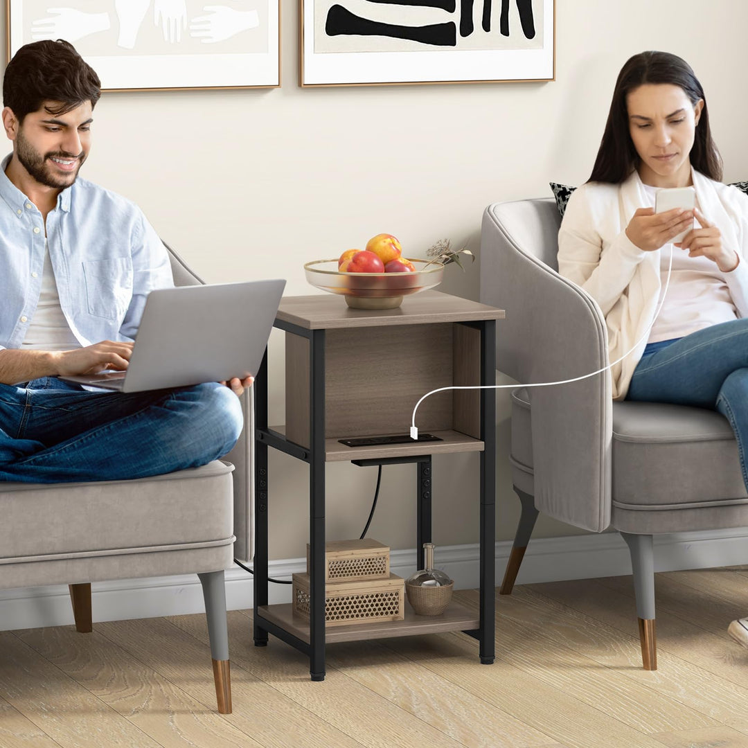 Giantex Nightstand with Charging Station, 3-Tier End Table with USB Ports &amp; Power Outlets