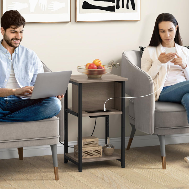 Giantex Nightstand with Charging Station, 3-Tier End Table with USB Ports &amp; Power Outlets