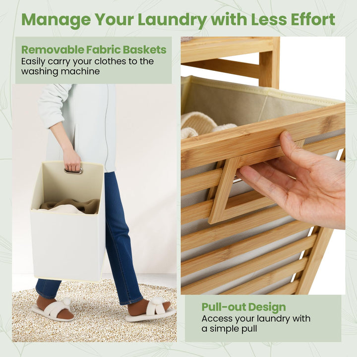 Giantex 20 Gal Bamboo Tilt Out Laundry Hamper with 2 Removable &amp; Foldable Fabric Bins