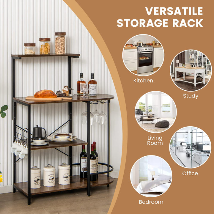 Giantex Kitchen Bakers Rack, 4-Tier Microwave Stand with 6 Hooks &amp; Stemware Racks (Rustic Brown)