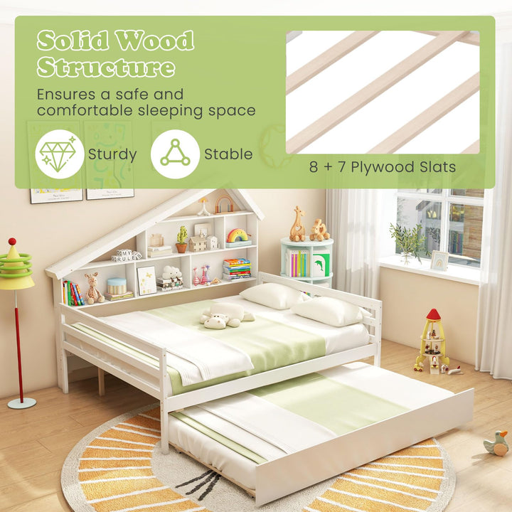 Giantex Full House Bed with Twin Trundle, Wood Daybed with 5 Cube Storage Bookcase &amp; Headboard