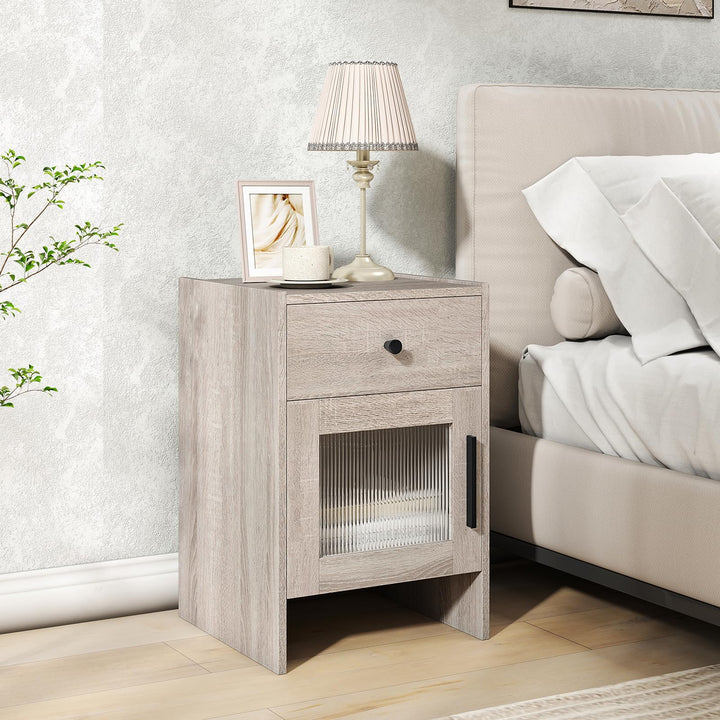 Giantex Farmhouse Nightstand with Drawer and Cabinet