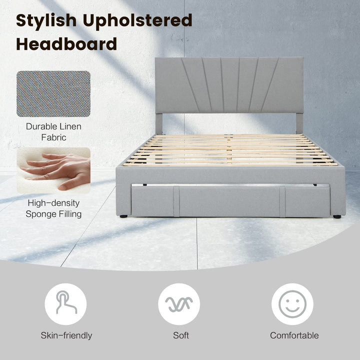 Giantex Upholstered Queen Bed Frame with Drawer, Modern Platform Bed with Storage &amp; Adjustable Headboard