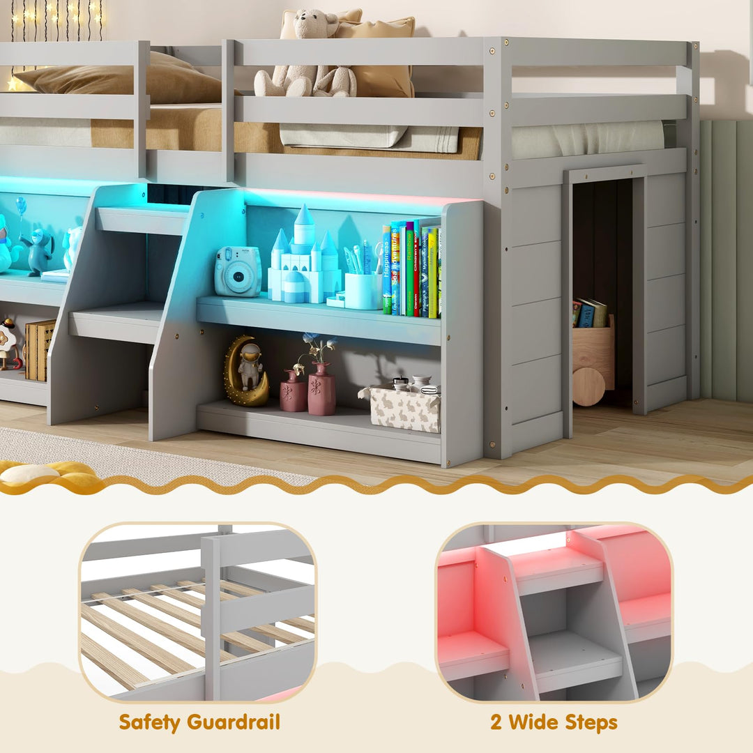 Giantex Low Loft Bed with LED Lights, Wooden Twin Loft Bed with Stairs &amp; Safety Guardrail