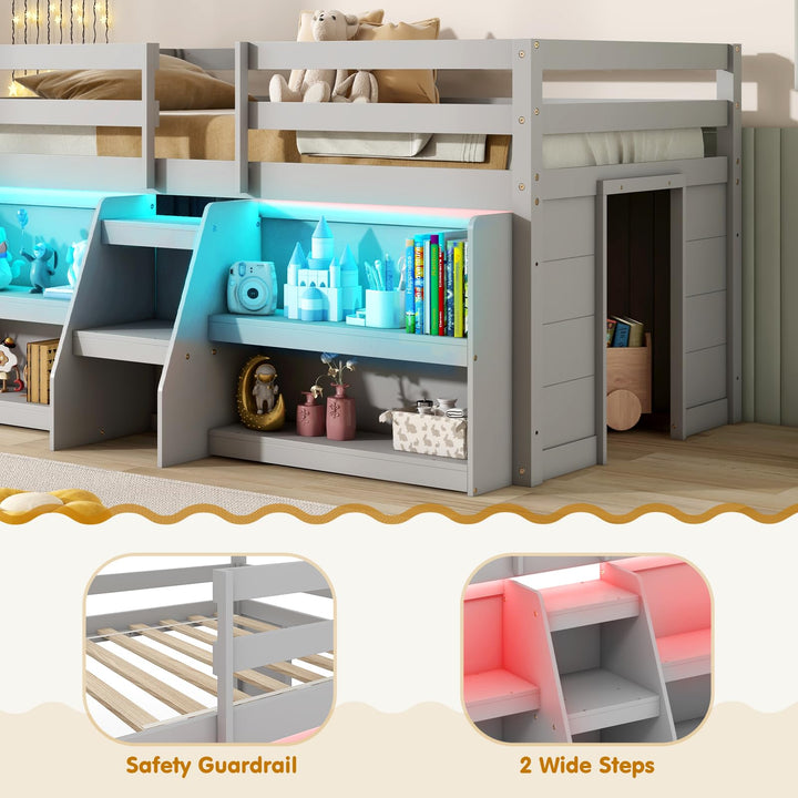 Giantex Low Loft Bed with LED Lights, Wooden Twin Loft Bed with Stairs &amp; Safety Guardrail