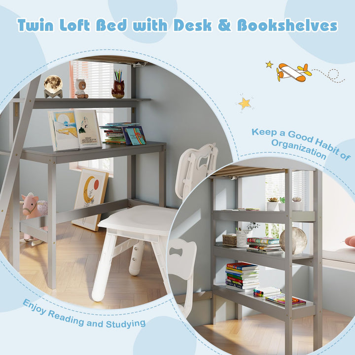 Giantex Loft Bed with Desk &amp; Bookshelves
