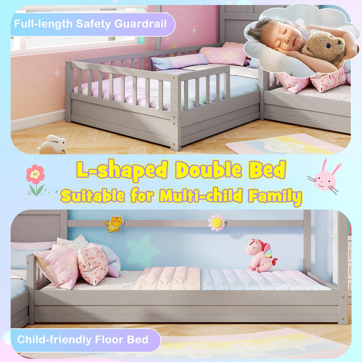 Giantex Double Twin Beds for Kids, House L-Shaped Platform Beds with Window &amp; Fences