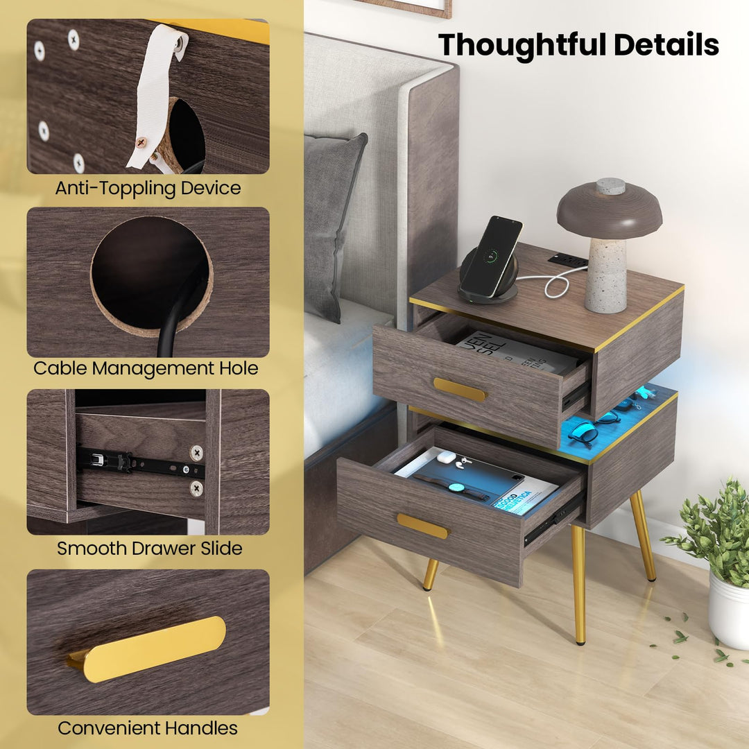 Giantex Nightstand with Charging Station &amp; LED Lights, 28.5" Bedside Table with 2 Drawers