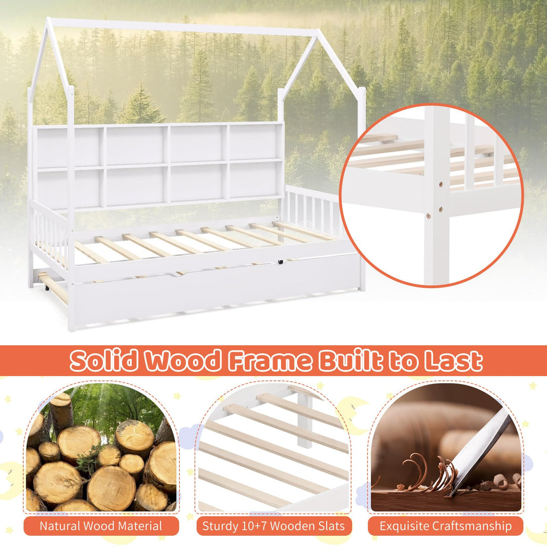 Giantex Twin House Bed with Trundle, Solid Wood Bed Frame with Roof &amp; 8 Cube Bookcase