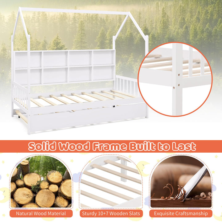 Giantex Twin House Bed with Trundle, Solid Wood Bed Frame with Roof &amp; 8 Cube Bookcase