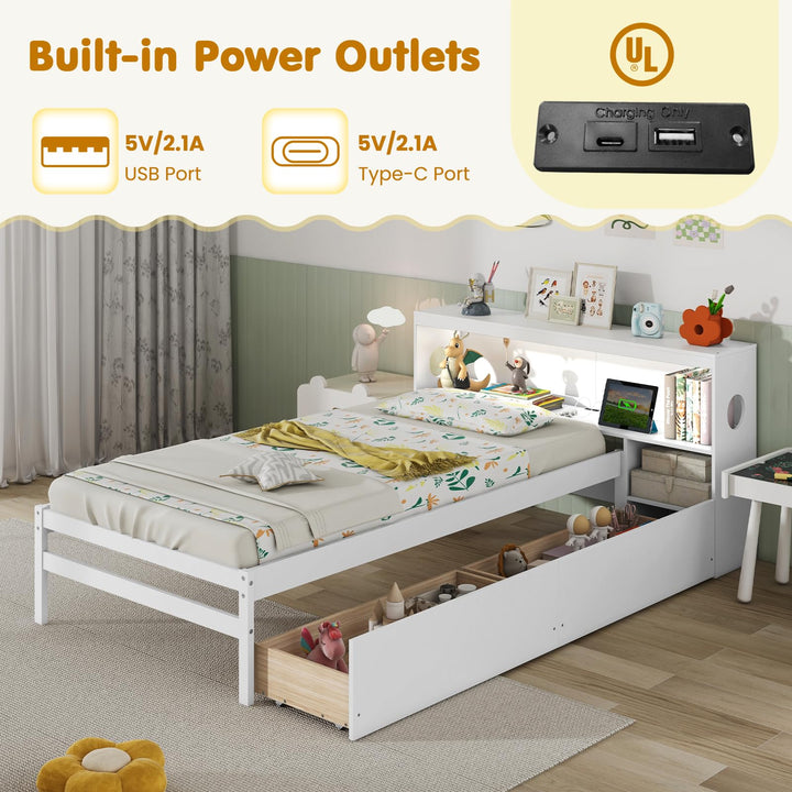Giantex Wood Twin Bed Frame with Storage Drawer &amp; Headboard, Modern Platform Bed with Charging Station &amp; LED Light