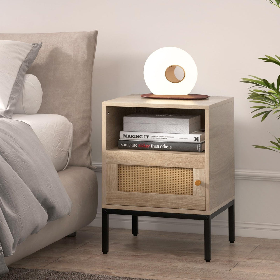 Giantex Rattan Nightstand, Boho Night Stand with Open Storage Shelf &amp; Rattan Decorative Door
