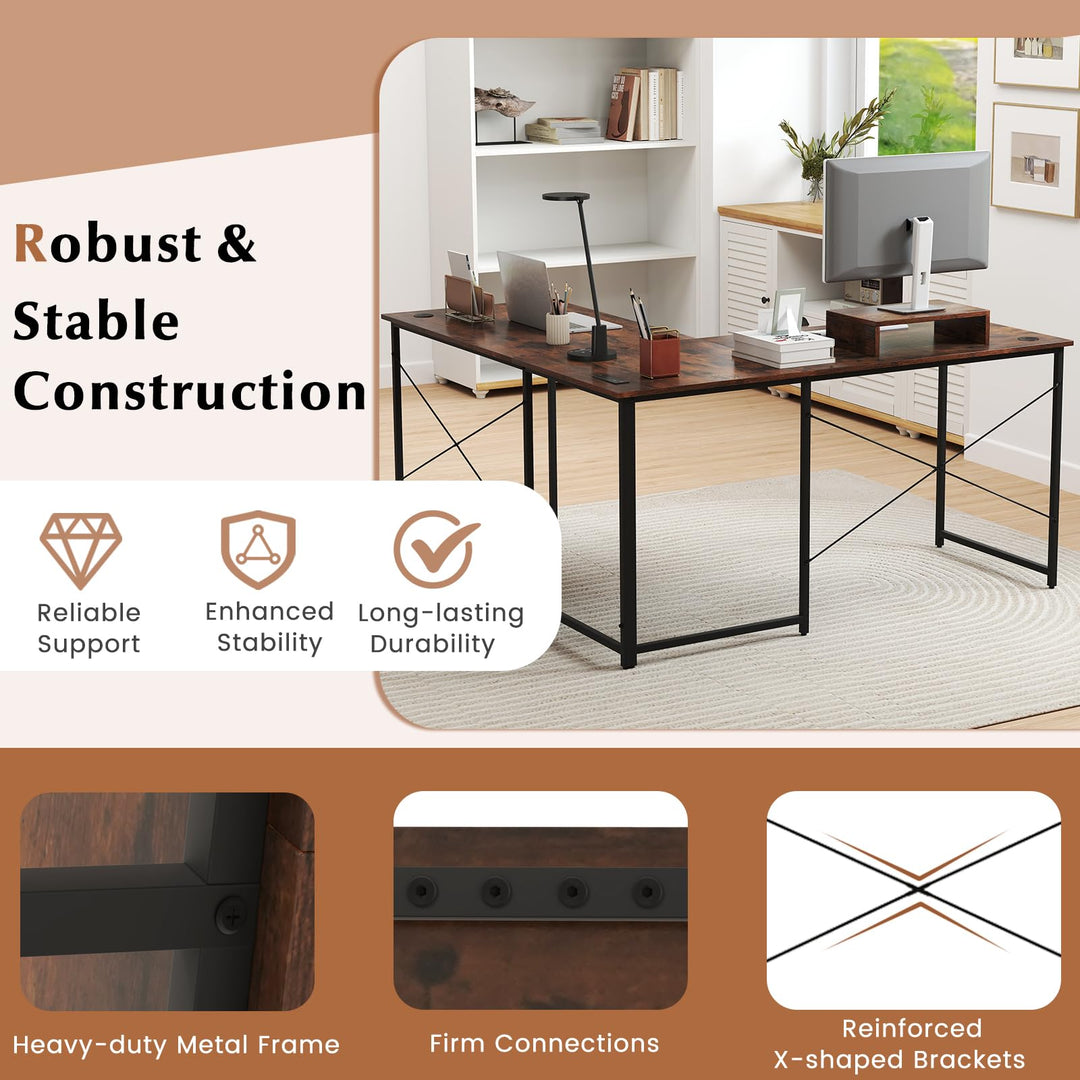 59 Inch Reversible Corner Desk with Power Outlet and USB Ports &amp; Monitor Stand