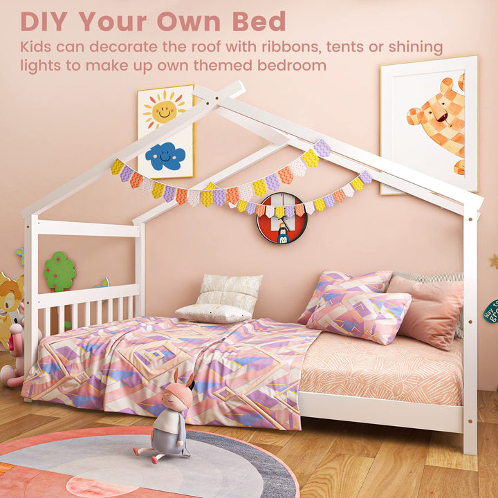 Giantex House Bed Twin, Solid Wood Kids House Bed with Roof