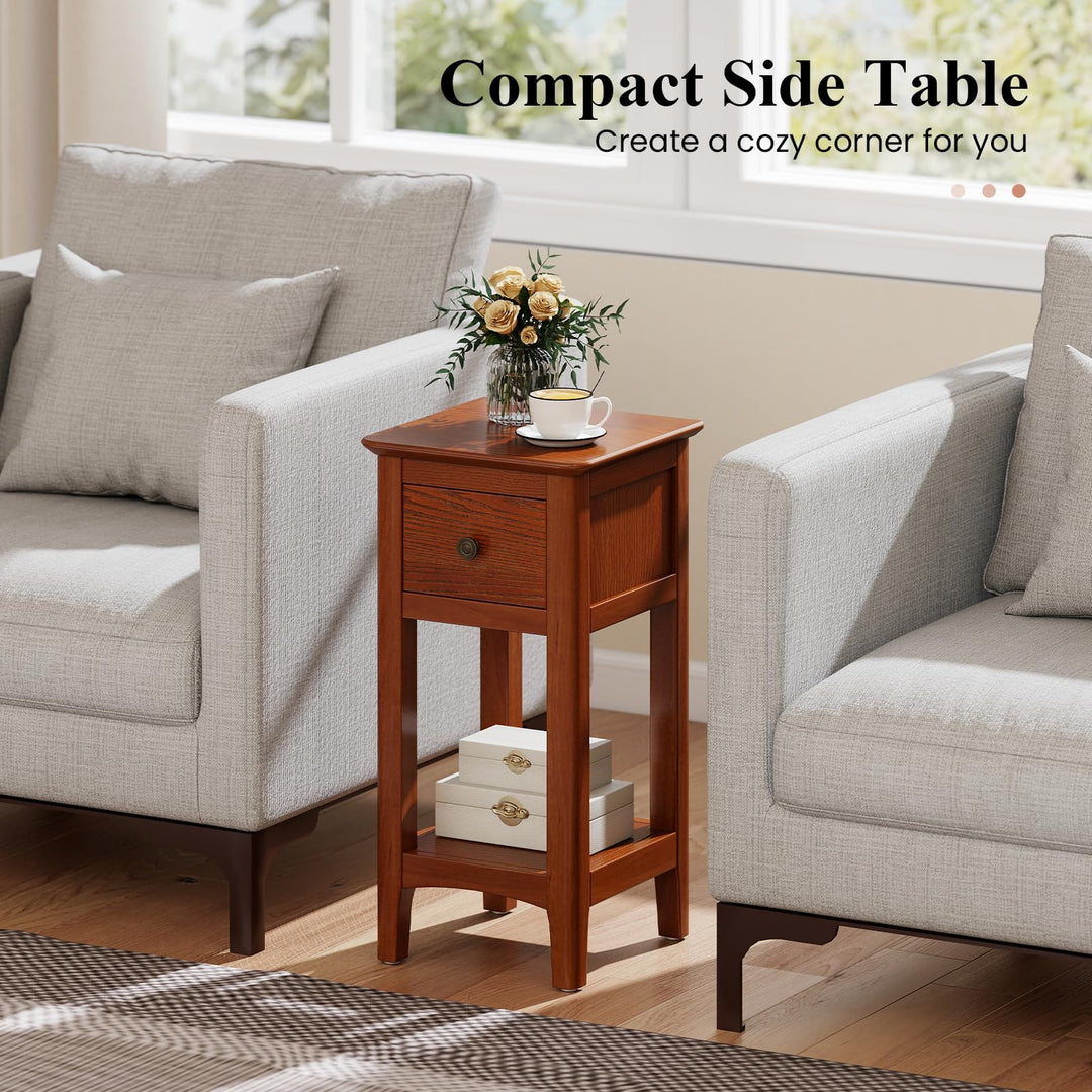 Giantex Narrow End Table with Drawer 23.5" H Side Table w/Open Storage Shelf &amp; Solid Wood Frame