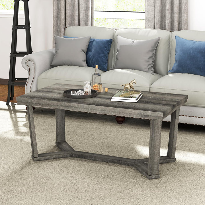 Giantex Farmhouse Wood Coffee Table with Cross-Shaped Base &amp; Rubber Wood Frame