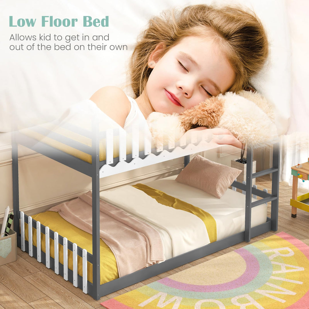 Giantex Bunk Bed Twin Over Twin, Wood House Low Bunk Bed with Ladder &amp; Fence Safety Guardrail