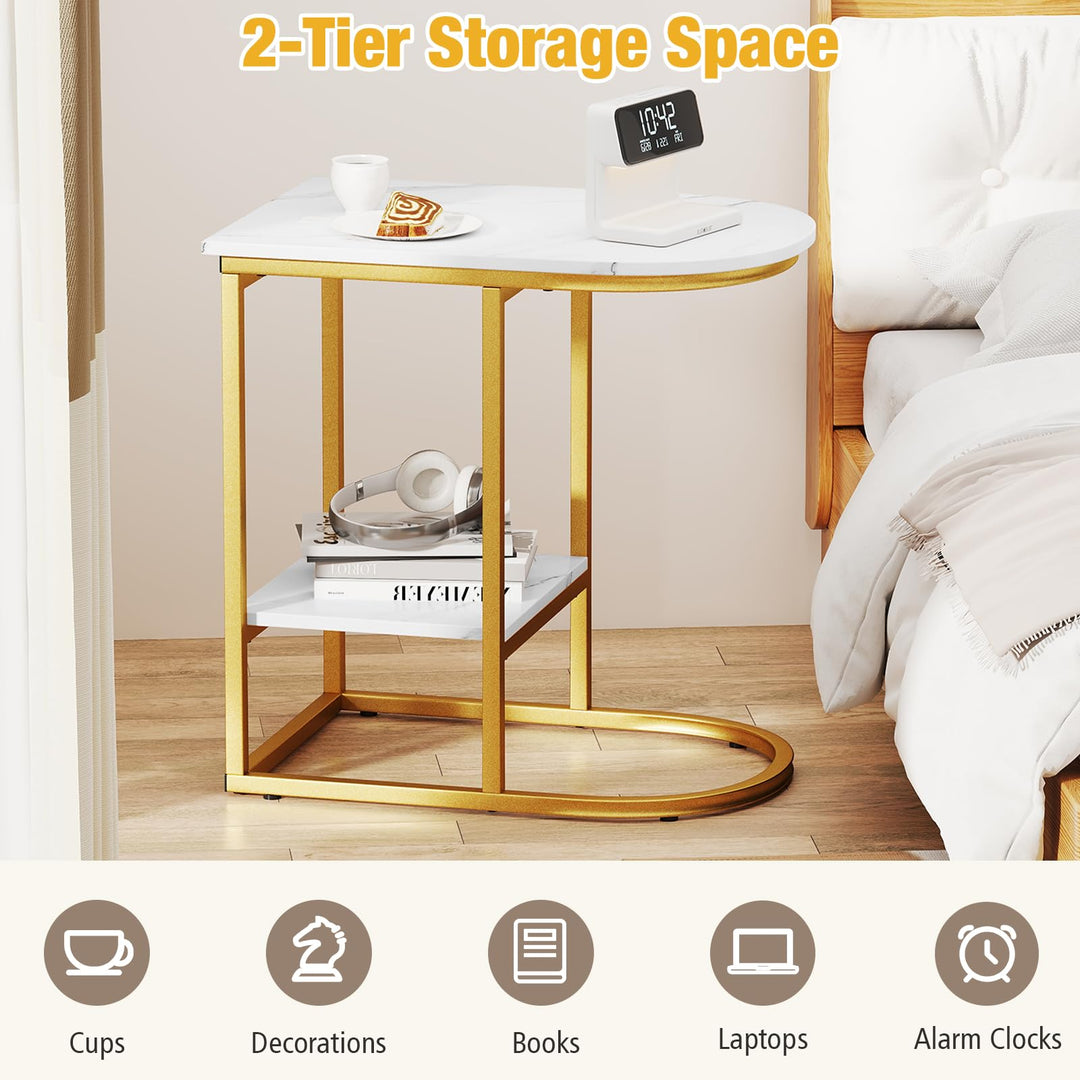 Giantex C Shaped End Table with Faux Marble Tabletop and Storage Shelf