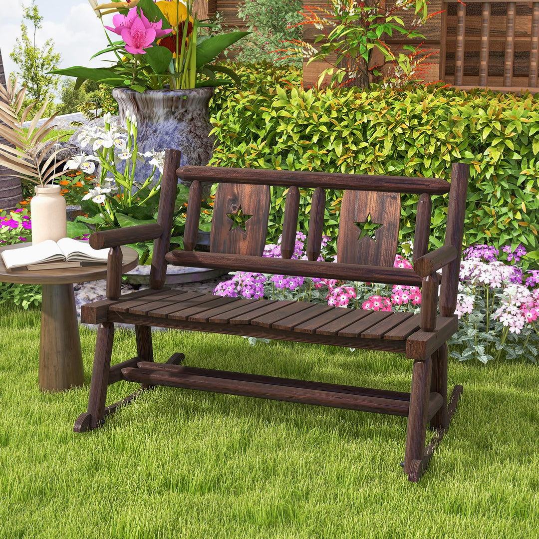 Giantex Outdoor Rocking Bench, Patio Loveseat Rocker for 2 w/Ergonomic Back &amp; Log Arms, Carbonized Fir Wood Frame
