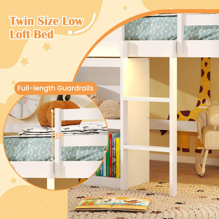 Giantex Twin Size Loft Bed with LED Lights Roof Window and Storage Bookshelf