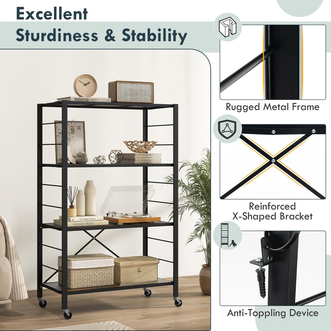 Giantex 4-Tier Folding Storage Shelf, Collapsible Shelving Unit w/Lockable Wheels &amp; Adjustable Shelf