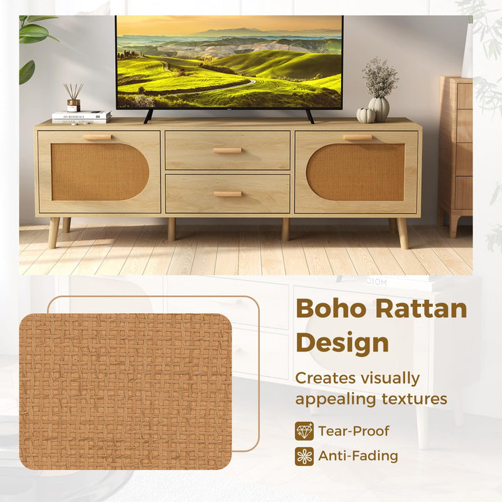 Giantex Rattan TV Stand for TVs up to 65 Inch, 59" TV Console Cabinet with Drawers &amp; Solid Wood Legs