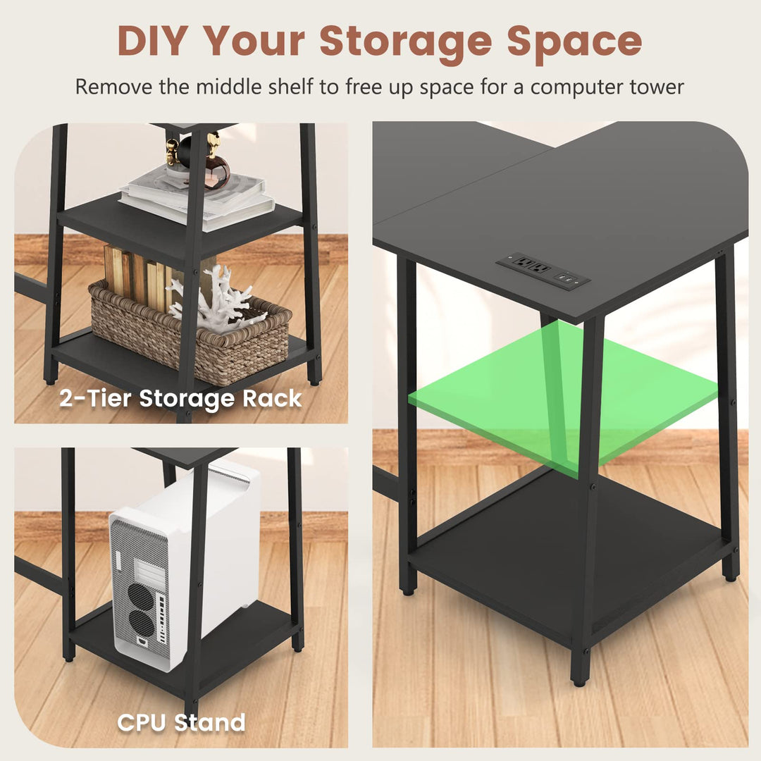 Giantex L Shaped Desk with Power Outlets &amp; USB Ports, 48" Corner Gaming Desk with 2 Tier Storage Shelves
