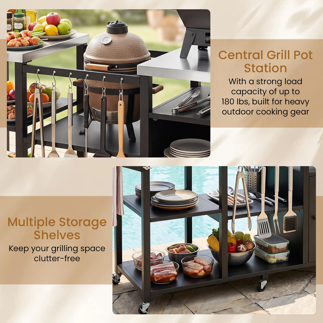 Giantex Outdoor Grill Cart with Cabinet Stainless Steel Tabletop and Hooks