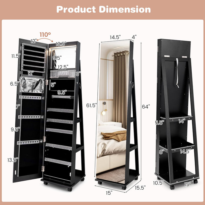 CHARMAID Jewelry Cabinet Armoire with Wheels, 64" Full Length Mirror with Jewelry Storage