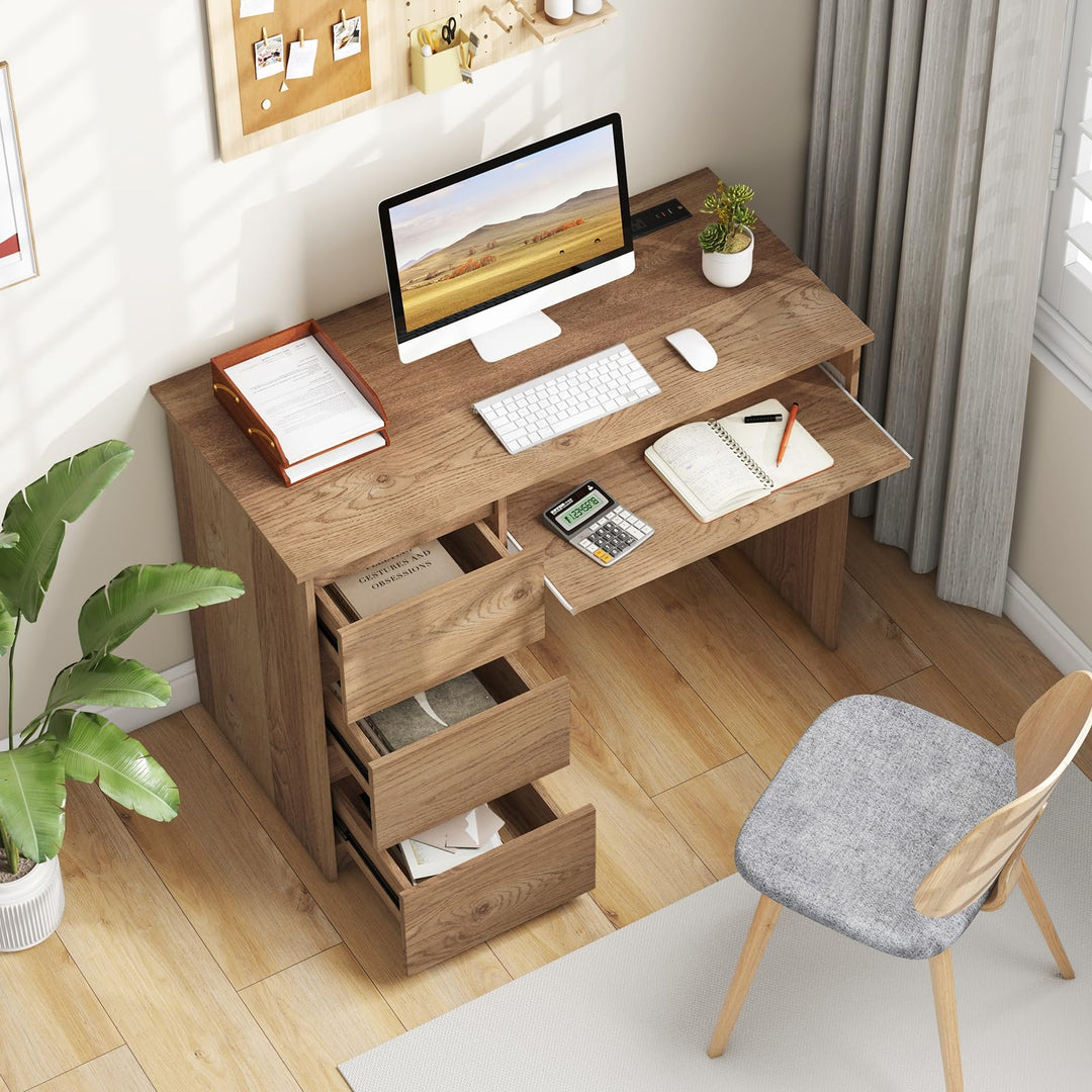 Giantex Computer Desk with Power Outlet, Modern Office Desk with Keyboard Tray &amp; 3 Large Drawers
