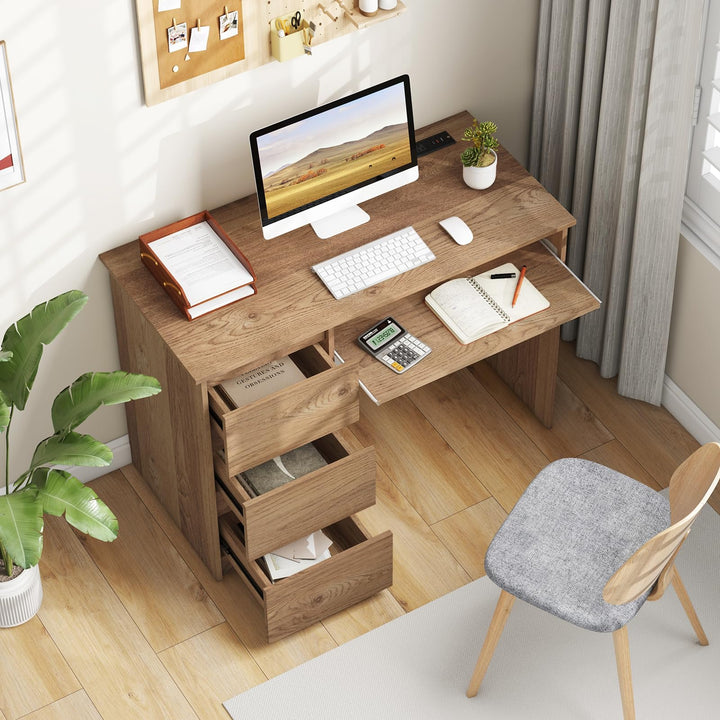 Giantex Computer Desk with Power Outlet, Modern Office Desk with Keyboard Tray &amp; 3 Large Drawers