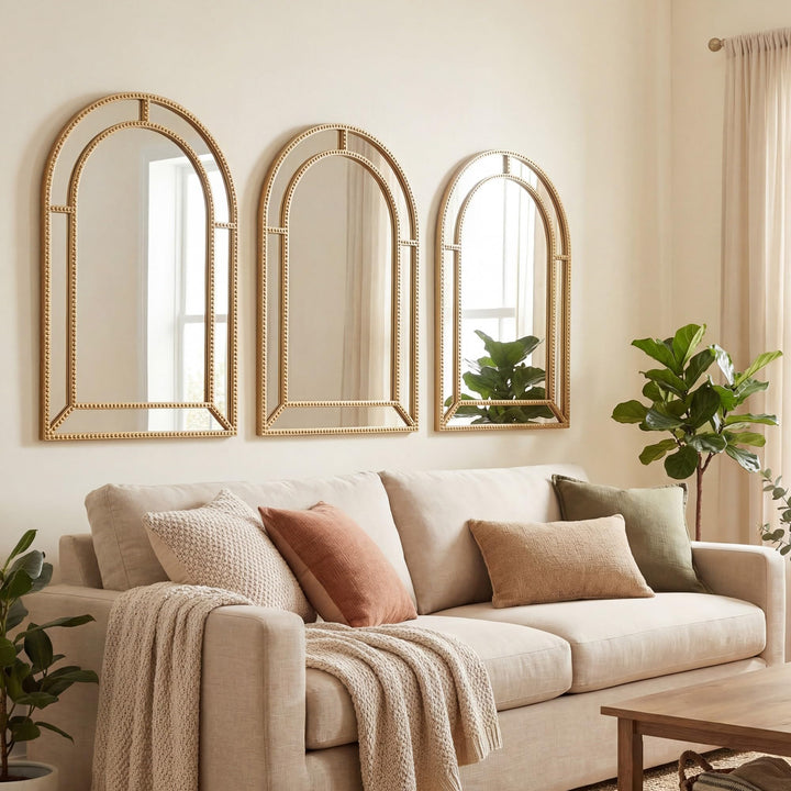 Giantex Gold Arched Wall Mirror with Beaded Frame for Bathroom Entryway