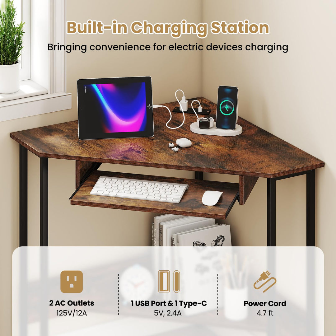Giantex Small Corner Desk with Charging Station with Keyboard Tray &amp; Storage Shelf