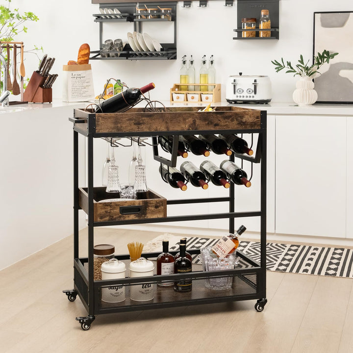 Giantex Rolling Bar Cart, 3-Tier Industrial Buffet Serving Cart with Wine Rack, Stemware Rack &amp; Removable Tray