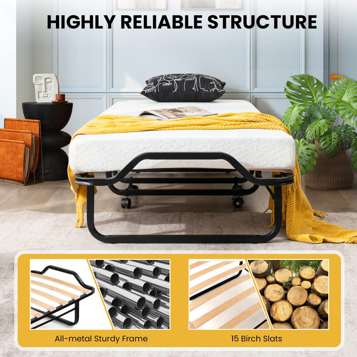 Giantex Folding Bed with 4 Inch Mattress for Adults, Cot Size Rollaway Bed for Guest, 75"x 31"