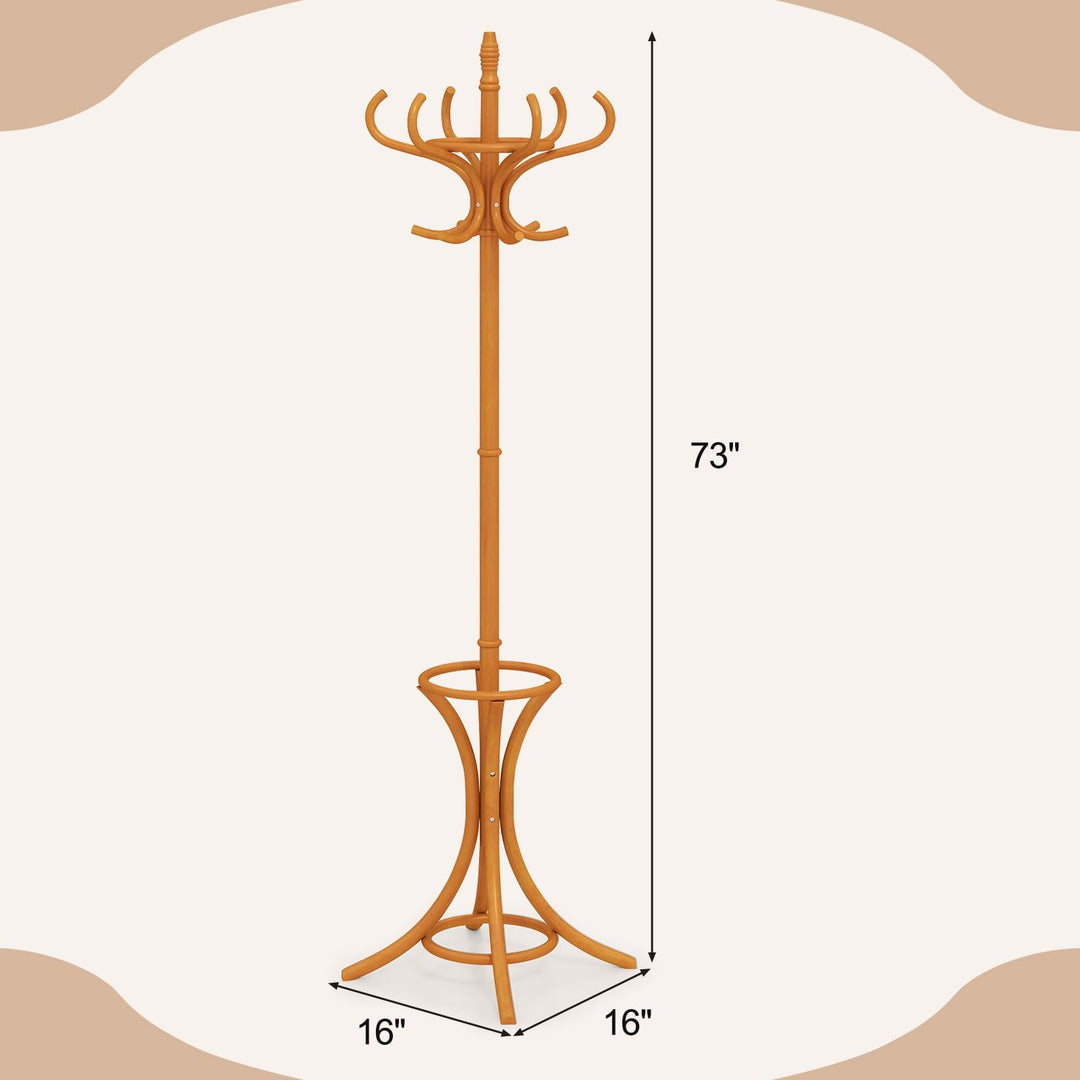 Giantex Solid Wood Coat Rack, Freestanding Hall Tree w/12 Hooks, Umbrella Holder, Entryway Hanger Stand for Coat