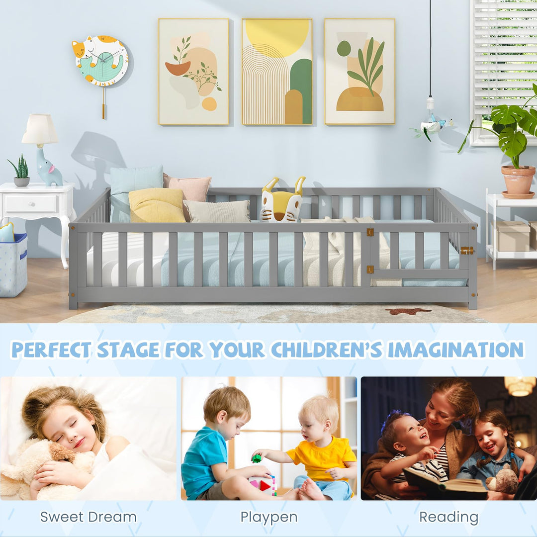 Giantex Full Size Floor Bed for Kids, Montessori Floor Bed with Wood Slats &amp; Safety Guardrails