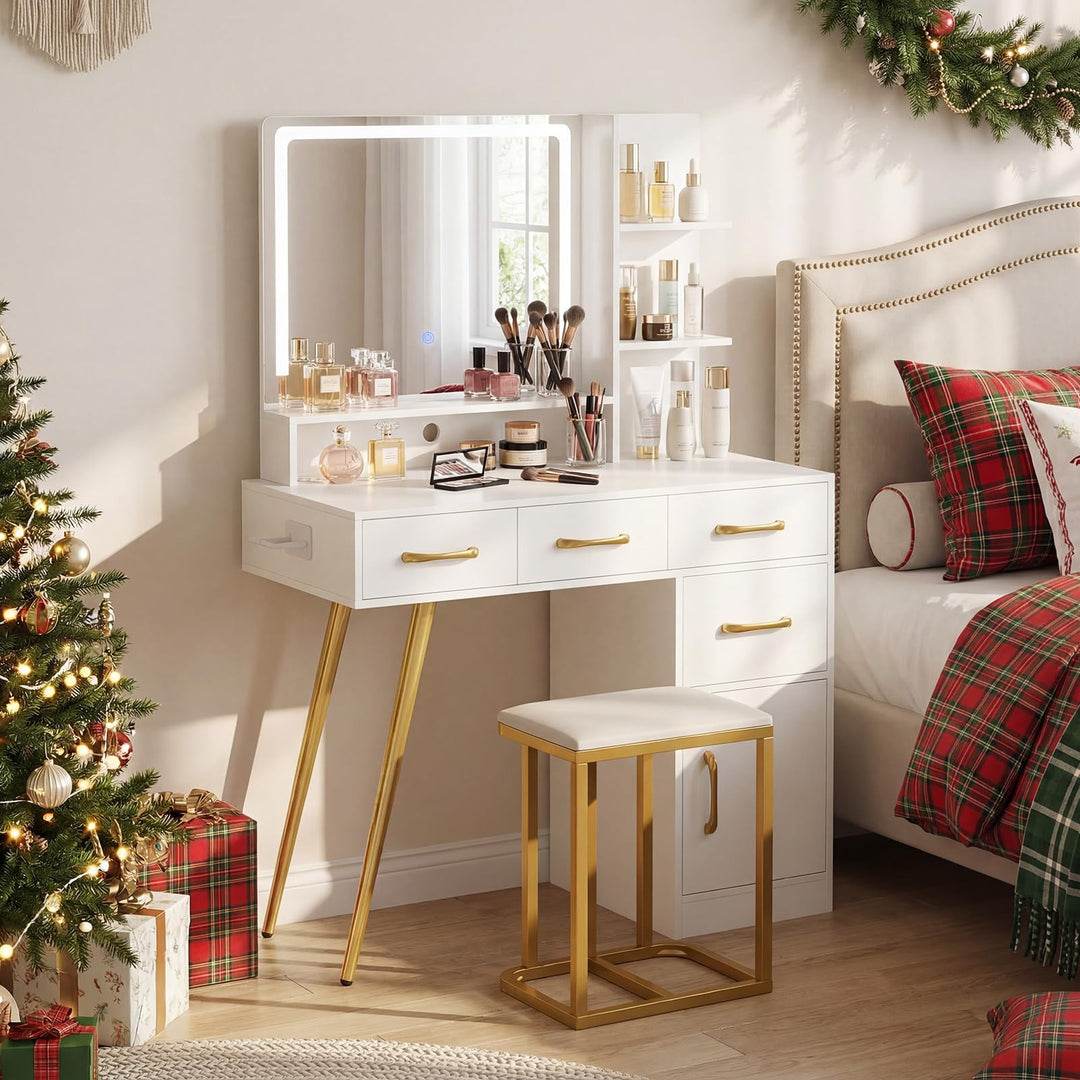 Vanity Desk with LED Mirror and Lights for Bedroom