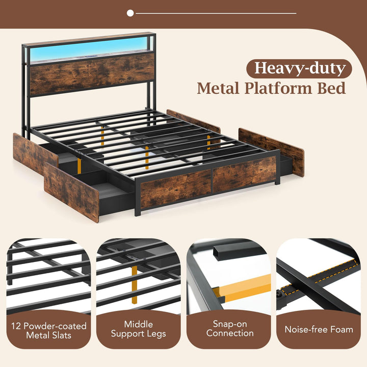 Giantex Queen/Full Size LED Bed Frame with Charging Station &amp; 4 Storage Drawers