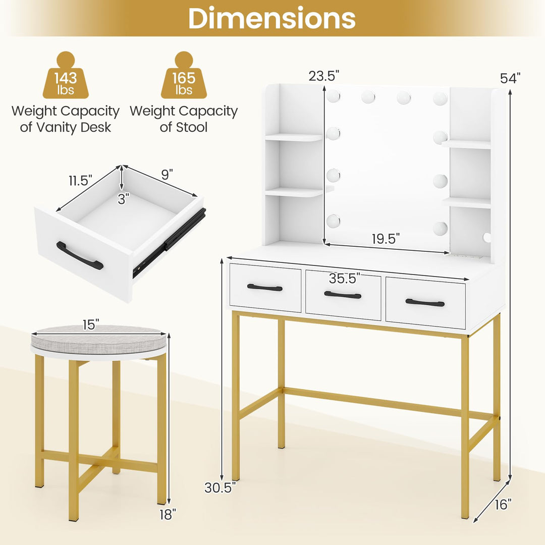 CHARMAID Makeup Vanity Desk with Lighted Mirror &amp; Charging Station
