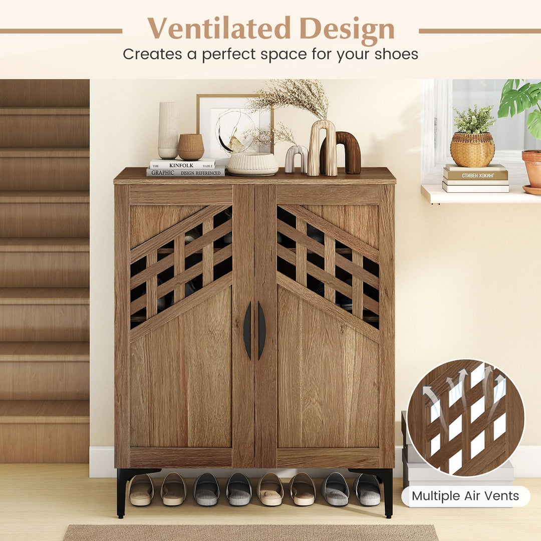 Giantex 4-Tier Wooden Shoe Organizer Cabinet with Hollow Woven Doors &amp; 3 Removable Shelves